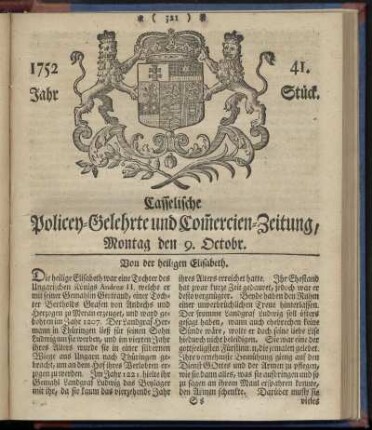 41. Stueck, Montag den 9. Octobr. 1752