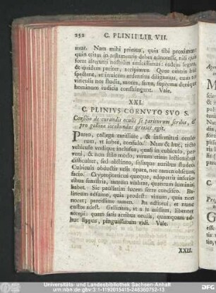 XXI. C. Plinius Cornuto Suo S. Consilio de curandis oculis se pariturum scribit, & pro gallina iocabundus gratias agit.