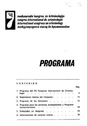 Program of the 7th International Congress on Criminology : Belgrad, 17-22 Sept. 1973