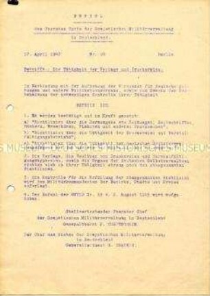 Hektografierte Abschrift des Befehls Nr. 90 des Obersten Chefs der SMAD betreffs der Tätigkeit der Verlage und Druckereien