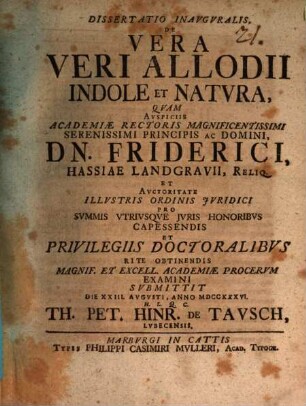 Diss. inaug. de vera veri allodii indole et natura