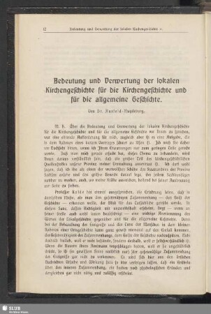 Bedeutung und Verwertung der lokalen Kirchengeschichte für die Kirchengeschichte und für die allgemeine Geschichte