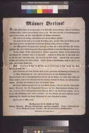 Maueranschlag: Männer Berlins! Aufforderung der Deputation für die Abhilfe der Not zu einer Volksversammlung am 26. März vor dem Schönhauser Tor; Berlin, 23. März 1848