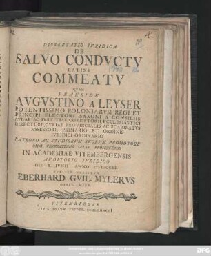 Dissertatio Ivridica De Salvo Condvctv Latine Commeatv