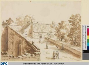 [Bauernhof mit Personen und Ruine im Vordergrund]