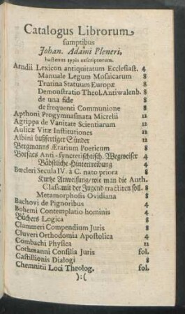 Catalogus Librorum sumptibus Johan. Adami Pleneri ...