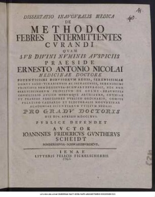Dissertatio Inauguralis Medica De Methodo Febres Intermittentes Curandi
