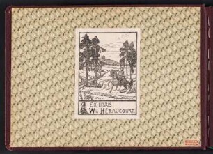 Fotoalbum aus dem Nachlass von Will Heraucourt : Vorderdeckel. Vorsatz. Anpappblatt mit Exlibris und Aufkleber der Papierwarenhandlung, bei der Album erworben wurde