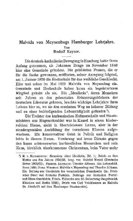 Malvida von Meysenbugs Hamburger Lehrjahre