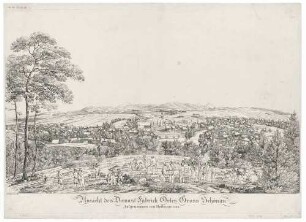 Ansicht von Großschönau (Damast Hersteller), westlich von Zittau vom Hutberg aus, im Vordergrund Männer bei Arbeit (?) und Freizeit