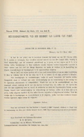 Bijlage XVIII. Behoort bij bladz. 131 van deel II. Bezuinigingsvoorstel van den resident van Lawick van Pabst