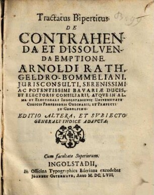 Tractatus bipertitus de contrahenda et dissolvenda emptione