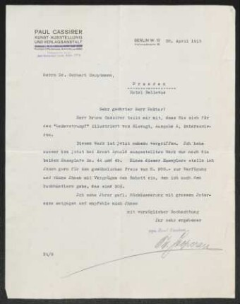 Brief von Paul Cassirer von Verlag Paul Cassirer <Berlin> an Gerhart Hauptmann, geschrieben von Unbekannt