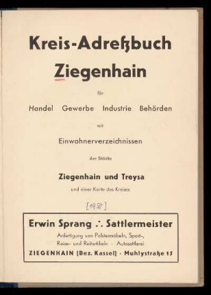 1950: Kreis-Adreßbuch Ziegenhain für Handel, Gewerbe, Industrie, Behörden mit Einwohnerverzeichnissen der Städte Ziegenhain und Treysa