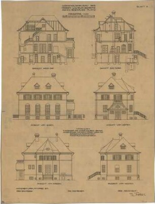 Fischer, Theodor; München - Laim; Haus Schätz - Ost, - West, - Nord u. Südseite (Ansichten); Westost u. Südnord (Schnitte)