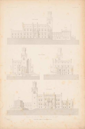 Umbau eines Landhauses: Vorderansicht, Seitenansichten, Ansicht von der Gartenseite (aus: Atlas zur Zeitschrift für Bauwesen, hrsg. v. G. Erbkam, Jg. 7, 1857)