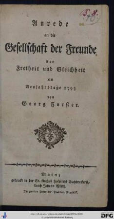 Anrede an die Gesellschaft der Freunde der Freiheit und Gleichheit : am Neujahrstage 1793