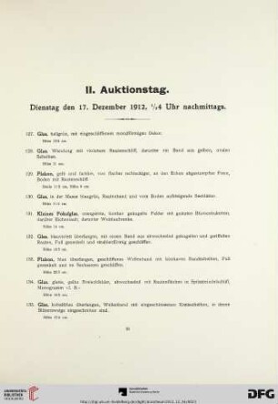 II. Auktionstag. Dienstag den 17. Dezember 1912, ½ 4 Uhr nachmittags (Nr. 127-250)