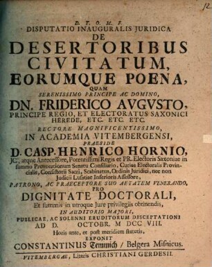 Disputatio Inauguralis Juridica De Desertoribus Civitatum, Eorumque Poena