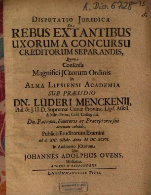 Disputatio Juridica De Rebus Extantibus Uxorum A Concursu Creditorum Separandis