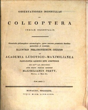 Observationes nonnullae in Coleoptera Indiae orientalis : Dissertatio philosophico-entomologica ... ; Cum tabula I.