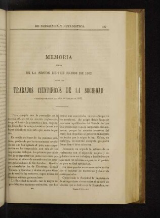 Memoria leida en la Sesion de 2 de Enero de 1882 sobre los Trabajos Cientificos de la Sociedad Correspondiente al ano anterior 1861.