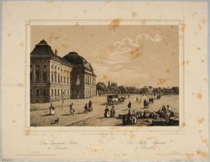 Das Japanische Palais und die zwei Torhäuser des ehem. Leipziger Tores (Weißes Tor) in Dresden, Blick vom Palaisplatz nach Nordwesten