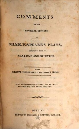 Comments of the several editions of Shakespeare's plays : extended to those of Malone and Steevens