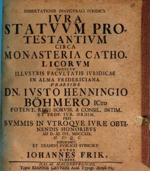 Dissertatione inaugurali iuridica iura statuum protestantium circa monasteria catholicorum