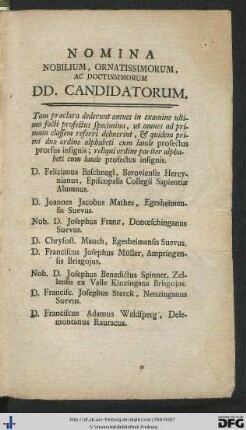 Nomina Noblium, Ornatissimorum Ac Doctissimorum DD. Candidatorum.