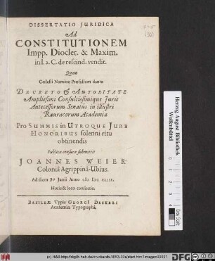 Dissertatio Iuridica Ad Constitutionem Impp. Dioclet. & Maxim. in I. 2. C. de rescind. vendit.