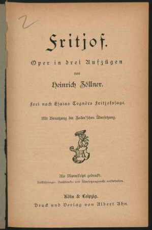 Fritjof : Oper in drei Aufzügen