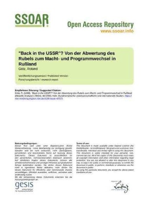 "Back in the USSR"? Von der Abwertung des Rubels zum Macht- und Programmwechsel in Rußland