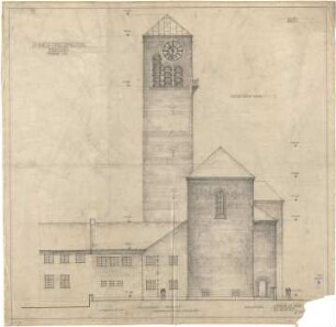 Bestelmeyer, German; München - Westend; Ev. Auferstehungskirche mit Pfarr- und Gemeindehaus - Südansicht