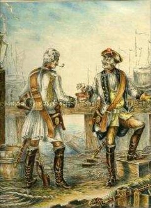 Uniformdarstellung, Dragoner des Dragoner-Regiments Graf Posadowsky, Preußen, 1741, Tafel 8 aus: Wühlisch: Dragoner-Bilder.