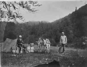 Zeltlager : Aufnahme im Zeltlager von Dr. Markgraf mit Zelt und Eseln