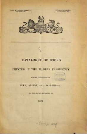 Catalogue of books printed in the Madras Presidency. 1889, Quarter 3