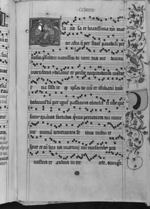 Antiphonarium (Benediktinerhandschrift) — Initiale G (loriosa et beatissima) mit der heiligen Afra und Wappen in der Bordüre, Folio 282verso