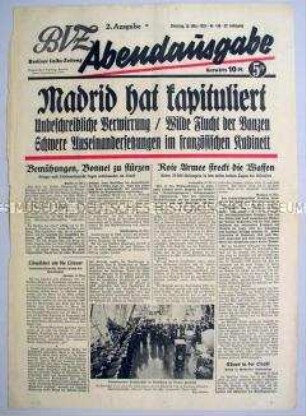 Titelblatt der Abendausgabe der "Berliner Volks-Zeitung" zur Kapitulation der republikanischen Truppen in Madrid