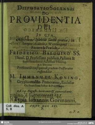 Disputatio Solennis De Providentia Dei