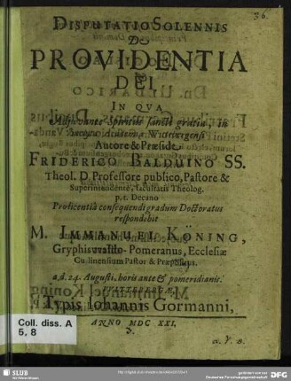 Disputatio Solennis De Providentia Dei