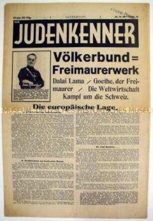 Völkisch-antisemitische Wochenzeitung "Der Judenkenner" mit Polemik gegen Judentum und Freimaurer