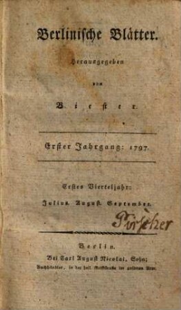Berlinische Blätter. 1,2, [1], 2. 1797