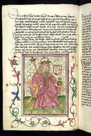 Thronender ungarischer Herrscher: König Peter; von Rankenwerk umgeben.