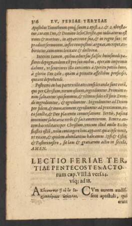 Lectio Feriae Tertiae Pentecostes: Acotrum cap. VIII. a vers. 14. usq[ue] ad 18.