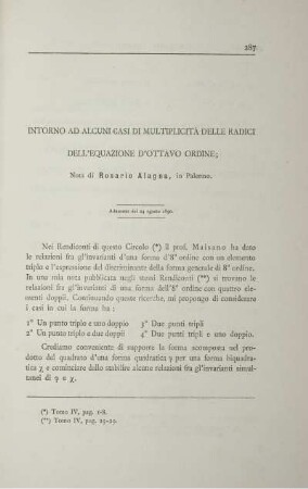 Intorno ad alcuni casi di multiplicità delle radici delle´equazione d´ottavo ordine.