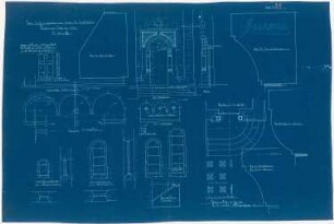 Herz Jesu Kloster, Fünfbrunnen (Cinqfontaines): Details des Hauptportals, der Wasserschrägen, Bogenfriese und Fenster, Ansichten und Schnitte 1:20 der Klosterkapelle