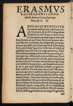 Erasmus Roterodamus Ornatiss. D. Andreae Cricio Episcopo Plocensi S. D.