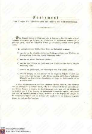 Ausschreiben: Mit vorliegendem Überweisungsschreiben vom 27. Juli 1843 wird das gedruckte 'Reglement über das Tragen der Dienstuniform von Seiten der Zivilstaatsdiener' übermittelt