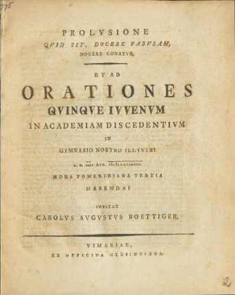 1795, April: Ad Orationes ... Juvenum In Gymnasio Nostro Illustri ... Habendas Invitat